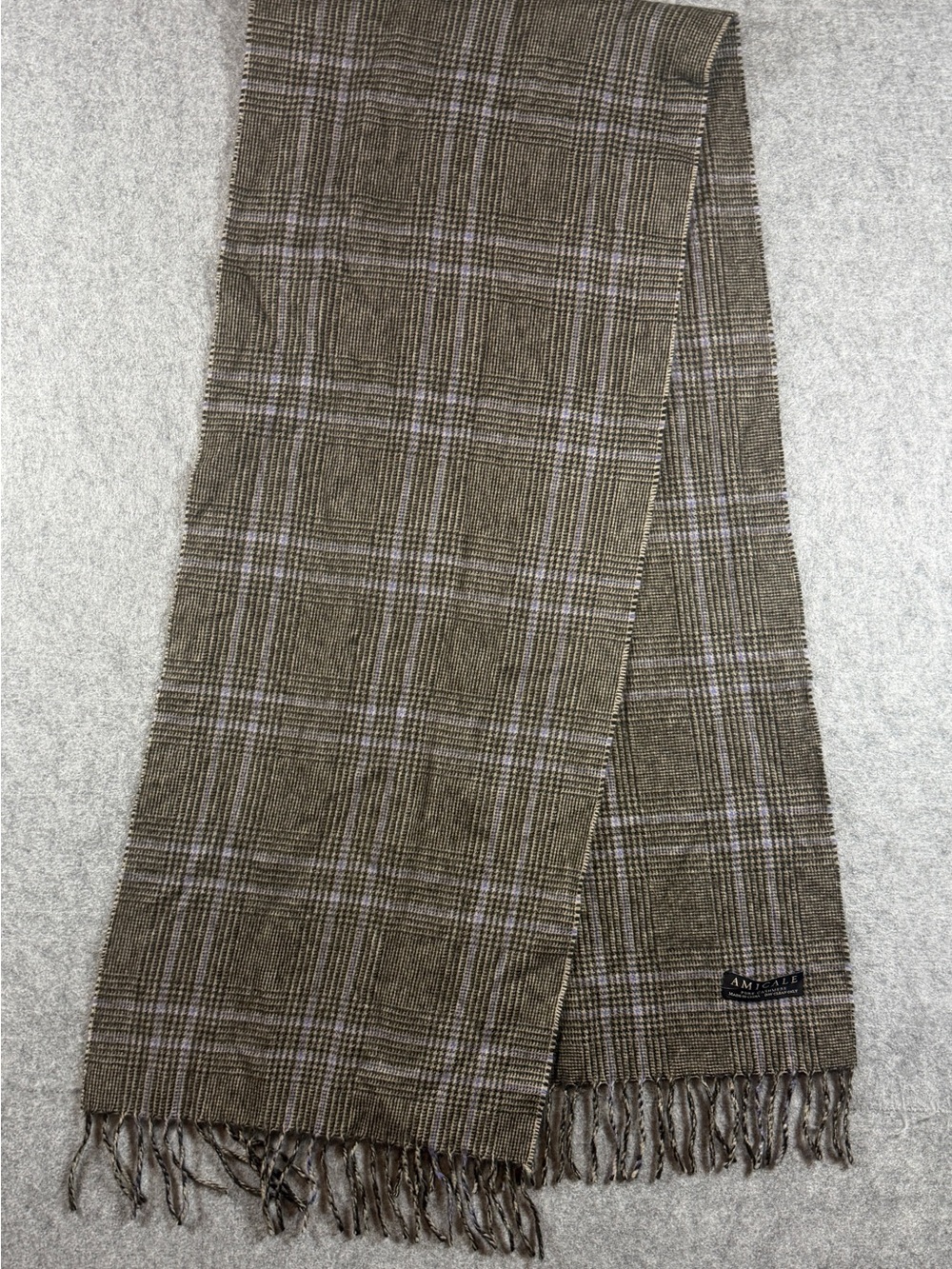 Amicale Cashmere Brown Plaid Scarf with Light Gray and Blue Accents